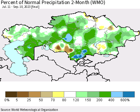 Kazakhstan Percent of Normal Precipitation 2-Month (WMO) Thematic Map For 7/11/2023 - 9/10/2023