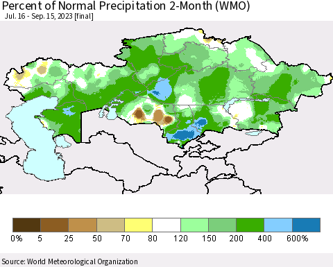 Kazakhstan Percent of Normal Precipitation 2-Month (WMO) Thematic Map For 7/16/2023 - 9/15/2023