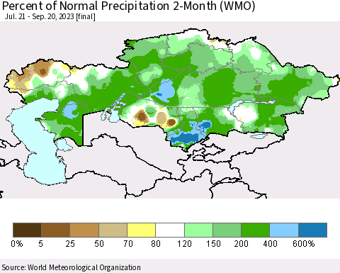Kazakhstan Percent of Normal Precipitation 2-Month (WMO) Thematic Map For 7/21/2023 - 9/20/2023