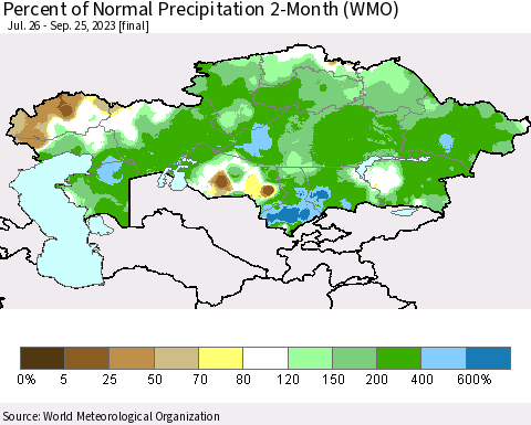 Kazakhstan Percent of Normal Precipitation 2-Month (WMO) Thematic Map For 7/26/2023 - 9/25/2023