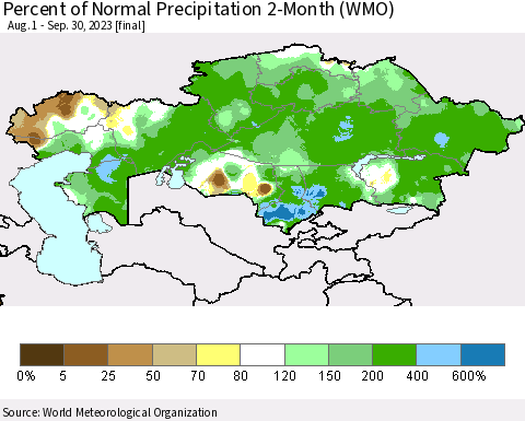 Kazakhstan Percent of Normal Precipitation 2-Month (WMO) Thematic Map For 8/1/2023 - 9/30/2023