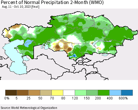 Kazakhstan Percent of Normal Precipitation 2-Month (WMO) Thematic Map For 8/11/2023 - 10/10/2023