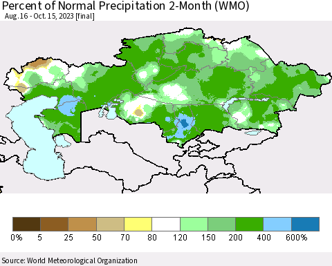 Kazakhstan Percent of Normal Precipitation 2-Month (WMO) Thematic Map For 8/16/2023 - 10/15/2023