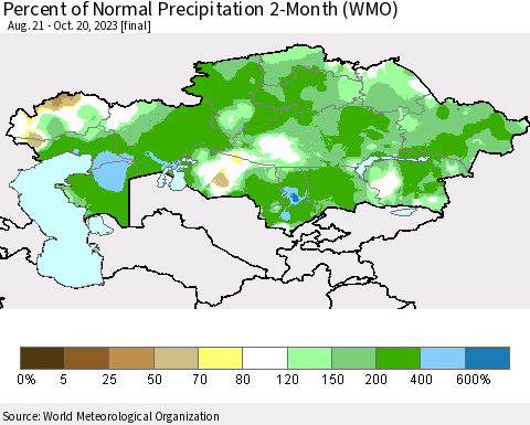 Kazakhstan Percent of Normal Precipitation 2-Month (WMO) Thematic Map For 8/21/2023 - 10/20/2023