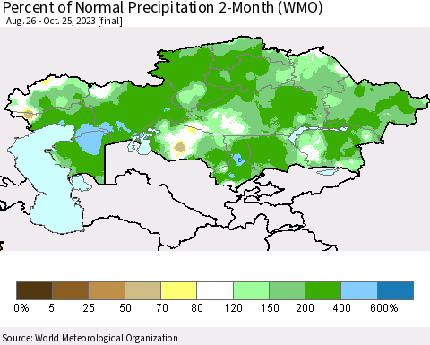 Kazakhstan Percent of Normal Precipitation 2-Month (WMO) Thematic Map For 8/26/2023 - 10/25/2023