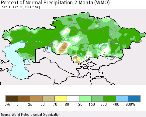 Kazakhstan Percent of Normal Precipitation 2-Month (WMO) Thematic Map For 9/1/2023 - 10/31/2023