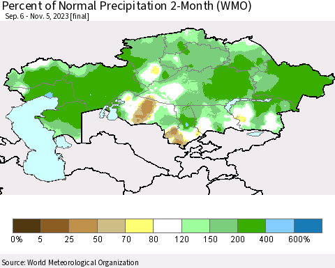 Kazakhstan Percent of Normal Precipitation 2-Month (WMO) Thematic Map For 9/6/2023 - 11/5/2023
