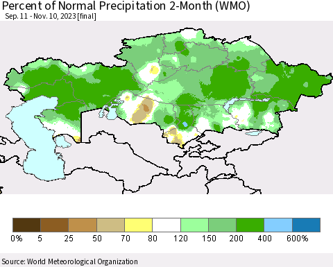 Kazakhstan Percent of Normal Precipitation 2-Month (WMO) Thematic Map For 9/11/2023 - 11/10/2023