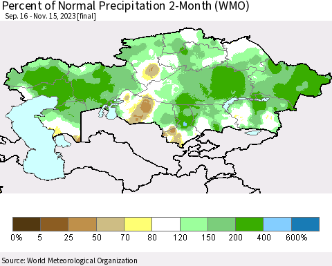 Kazakhstan Percent of Normal Precipitation 2-Month (WMO) Thematic Map For 9/16/2023 - 11/15/2023