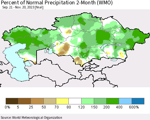 Kazakhstan Percent of Normal Precipitation 2-Month (WMO) Thematic Map For 9/21/2023 - 11/20/2023
