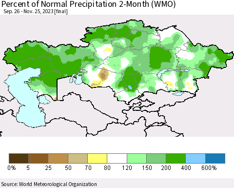 Kazakhstan Percent of Normal Precipitation 2-Month (WMO) Thematic Map For 9/26/2023 - 11/25/2023