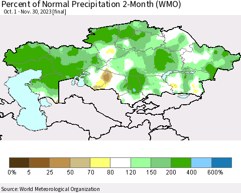 Kazakhstan Percent of Normal Precipitation 2-Month (WMO) Thematic Map For 10/1/2023 - 11/30/2023