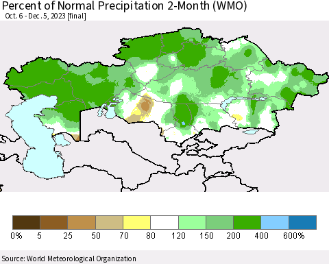 Kazakhstan Percent of Normal Precipitation 2-Month (WMO) Thematic Map For 10/6/2023 - 12/5/2023