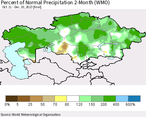 Kazakhstan Percent of Normal Precipitation 2-Month (WMO) Thematic Map For 10/11/2023 - 12/10/2023