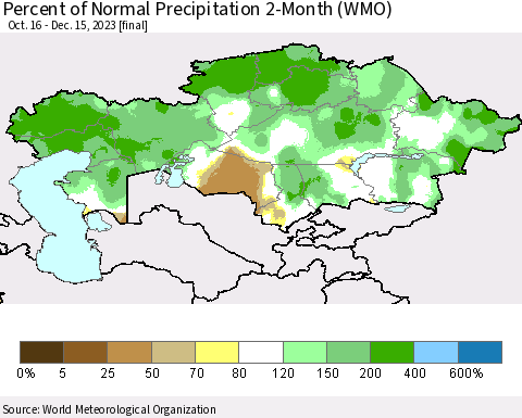 Kazakhstan Percent of Normal Precipitation 2-Month (WMO) Thematic Map For 10/16/2023 - 12/15/2023