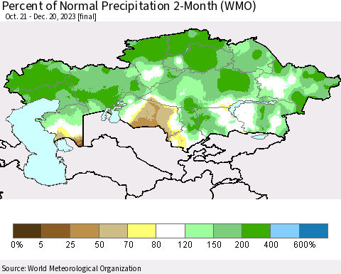 Kazakhstan Percent of Normal Precipitation 2-Month (WMO) Thematic Map For 10/21/2023 - 12/20/2023