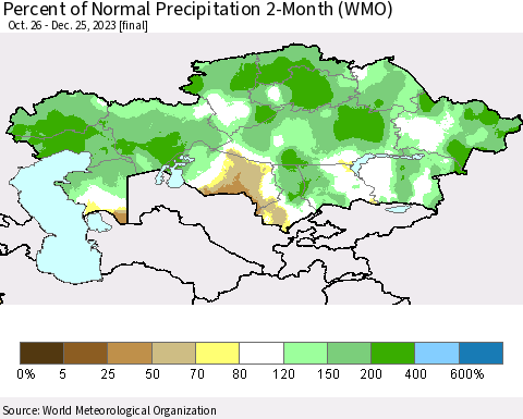 Kazakhstan Percent of Normal Precipitation 2-Month (WMO) Thematic Map For 10/26/2023 - 12/25/2023