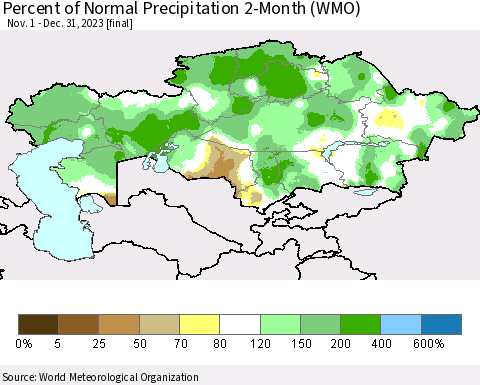 Kazakhstan Percent of Normal Precipitation 2-Month (WMO) Thematic Map For 11/1/2023 - 12/31/2023