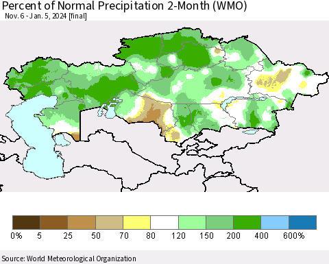 Kazakhstan Percent of Normal Precipitation 2-Month (WMO) Thematic Map For 11/6/2023 - 1/5/2024