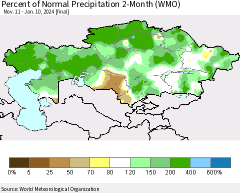 Kazakhstan Percent of Normal Precipitation 2-Month (WMO) Thematic Map For 11/11/2023 - 1/10/2024