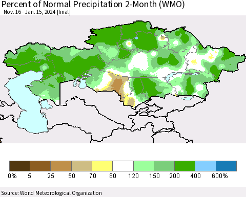 Kazakhstan Percent of Normal Precipitation 2-Month (WMO) Thematic Map For 11/16/2023 - 1/15/2024