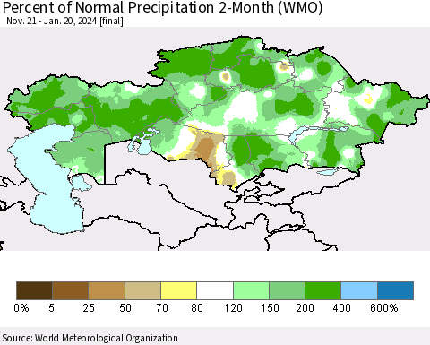 Kazakhstan Percent of Normal Precipitation 2-Month (WMO) Thematic Map For 11/21/2023 - 1/20/2024
