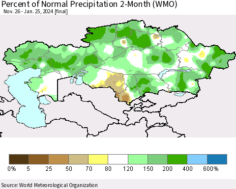 Kazakhstan Percent of Normal Precipitation 2-Month (WMO) Thematic Map For 11/26/2023 - 1/25/2024