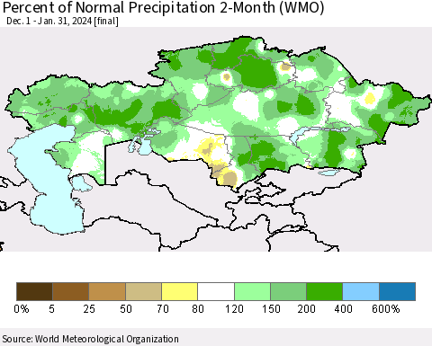 Kazakhstan Percent of Normal Precipitation 2-Month (WMO) Thematic Map For 12/1/2023 - 1/31/2024
