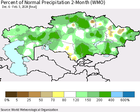 Kazakhstan Percent of Normal Precipitation 2-Month (WMO) Thematic Map For 12/6/2023 - 2/5/2024