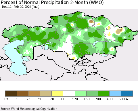 Kazakhstan Percent of Normal Precipitation 2-Month (WMO) Thematic Map For 12/11/2023 - 2/10/2024