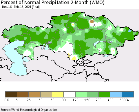 Kazakhstan Percent of Normal Precipitation 2-Month (WMO) Thematic Map For 12/16/2023 - 2/15/2024