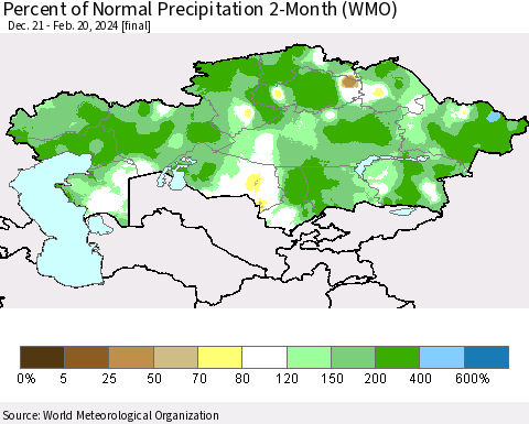 Kazakhstan Percent of Normal Precipitation 2-Month (WMO) Thematic Map For 12/21/2023 - 2/20/2024