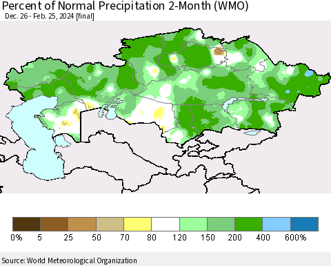 Kazakhstan Percent of Normal Precipitation 2-Month (WMO) Thematic Map For 12/26/2023 - 2/25/2024
