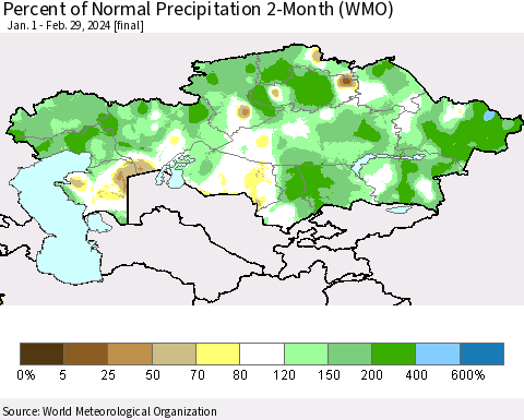 Kazakhstan Percent of Normal Precipitation 2-Month (WMO) Thematic Map For 1/1/2024 - 2/29/2024