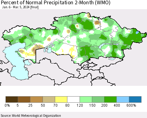 Kazakhstan Percent of Normal Precipitation 2-Month (WMO) Thematic Map For 1/6/2024 - 3/5/2024
