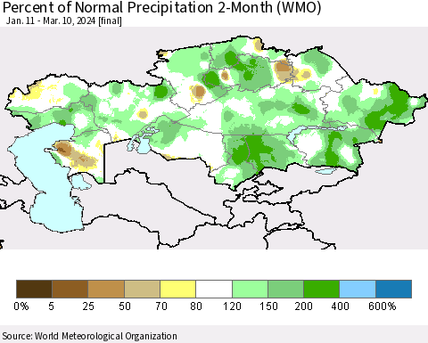 Kazakhstan Percent of Normal Precipitation 2-Month (WMO) Thematic Map For 1/11/2024 - 3/10/2024