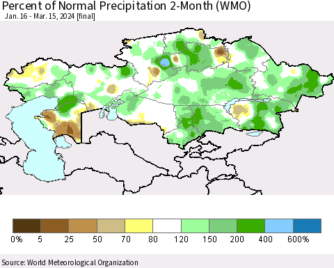Kazakhstan Percent of Normal Precipitation 2-Month (WMO) Thematic Map For 1/16/2024 - 3/15/2024
