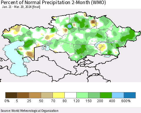 Kazakhstan Percent of Normal Precipitation 2-Month (WMO) Thematic Map For 1/21/2024 - 3/20/2024
