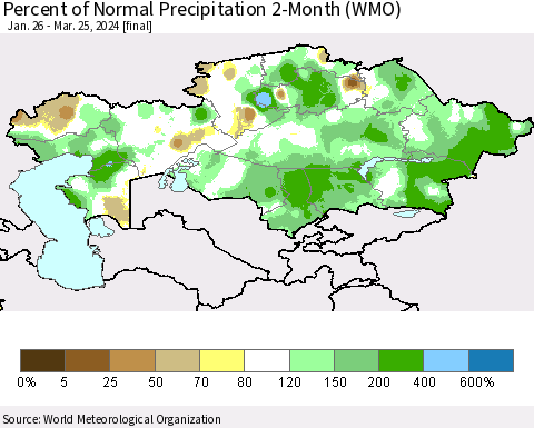 Kazakhstan Percent of Normal Precipitation 2-Month (WMO) Thematic Map For 1/26/2024 - 3/25/2024