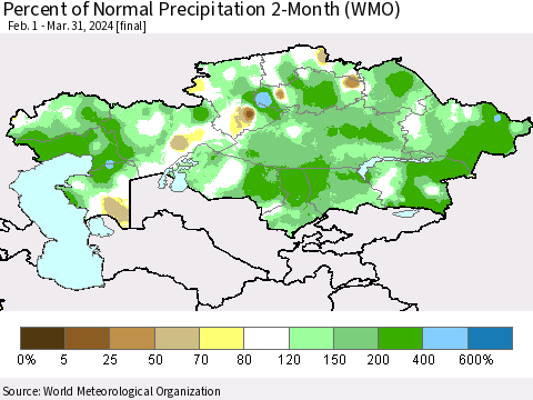 Kazakhstan Percent of Normal Precipitation 2-Month (WMO) Thematic Map For 2/1/2024 - 3/31/2024