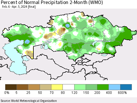 Kazakhstan Percent of Normal Precipitation 2-Month (WMO) Thematic Map For 2/6/2024 - 4/5/2024