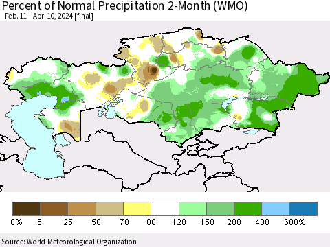 Kazakhstan Percent of Normal Precipitation 2-Month (WMO) Thematic Map For 2/11/2024 - 4/10/2024