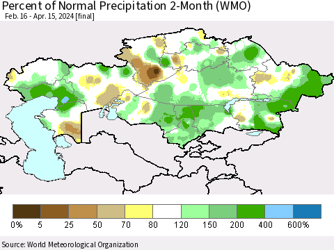 Kazakhstan Percent of Normal Precipitation 2-Month (WMO) Thematic Map For 2/16/2024 - 4/15/2024