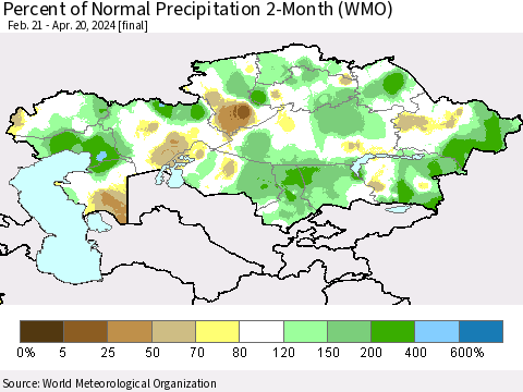 Kazakhstan Percent of Normal Precipitation 2-Month (WMO) Thematic Map For 2/21/2024 - 4/20/2024