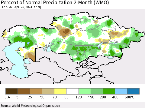 Kazakhstan Percent of Normal Precipitation 2-Month (WMO) Thematic Map For 2/26/2024 - 4/25/2024