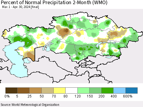 Kazakhstan Percent of Normal Precipitation 2-Month (WMO) Thematic Map For 3/1/2024 - 4/30/2024