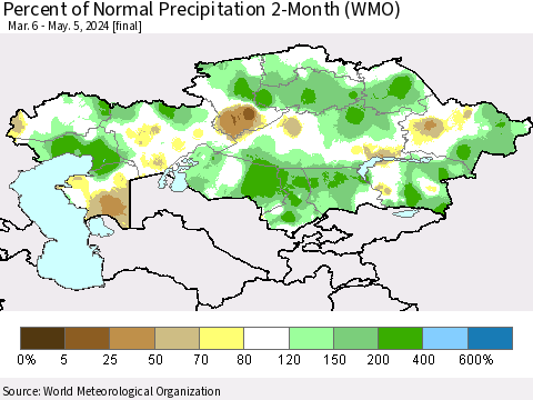 Kazakhstan Percent of Normal Precipitation 2-Month (WMO) Thematic Map For 3/6/2024 - 5/5/2024