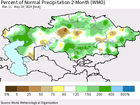 Kazakhstan Percent of Normal Precipitation 2-Month (WMO) Thematic Map For 3/11/2024 - 5/10/2024