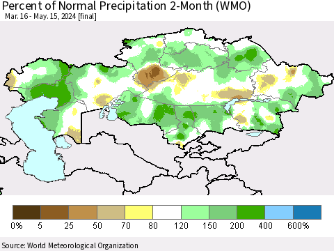 Kazakhstan Percent of Normal Precipitation 2-Month (WMO) Thematic Map For 3/16/2024 - 5/15/2024