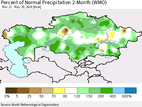 Kazakhstan Percent of Normal Precipitation 2-Month (WMO) Thematic Map For 3/21/2024 - 5/20/2024